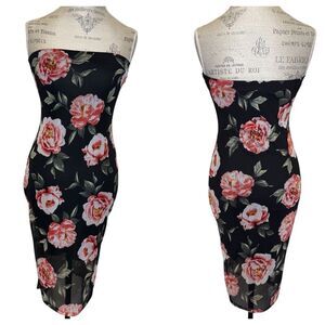 Mezzanine Floral Print Strapless Mini Dress with Midi Mesh Overlay Black Pink L